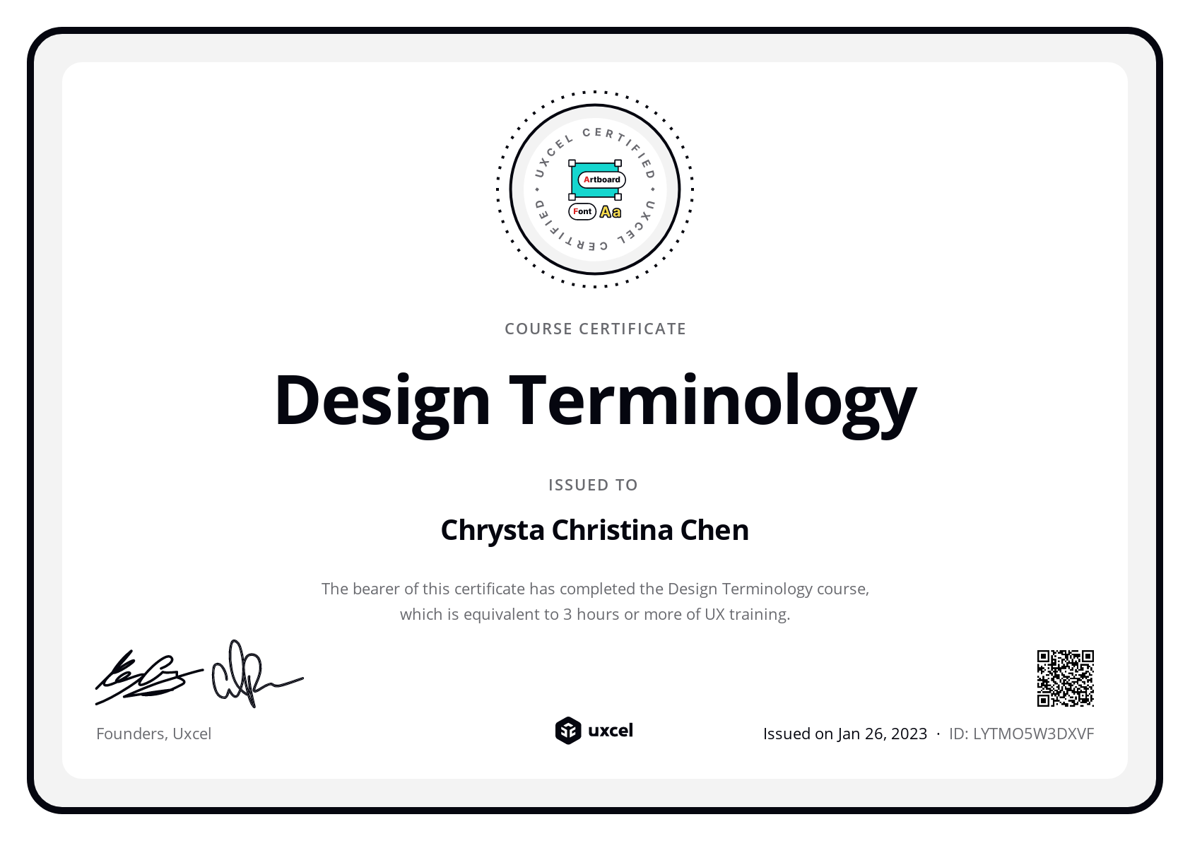 Chrysta Christina Chen's certificate